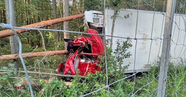 На трассе М6 водитель фуры уснул за рулём, грузовик съехал в лес. Кабина всмятку. Водитель чудом не пострадал
